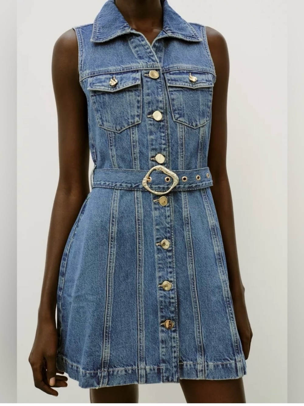 Zara Denim Button Front Mini Dress with Removable Belt Size Medium
